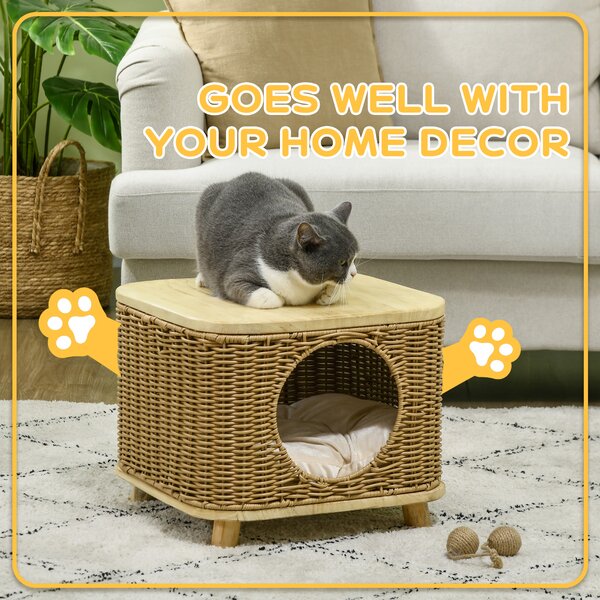 PawHut Elevated Design Wicker Cat House with Washable Cushion, Light Brown Aosom UK