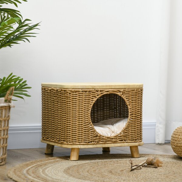 PawHut Elevated Design Wicker Cat House with Washable Cushion, Light Brown Aosom UK