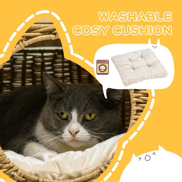 PawHut Elevated Design Wicker Cat House with Washable Cushion, Light Brown Aosom UK