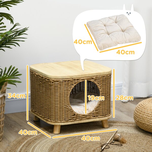 PawHut Elevated Design Wicker Cat House with Washable Cushion, Light Brown Aosom UK