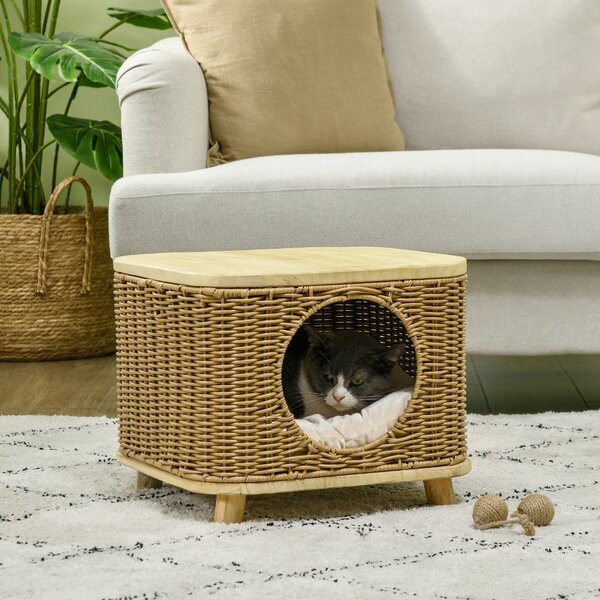 PawHut Elevated Design Wicker Cat House with Washable Cushion, Light Brown Aosom UK