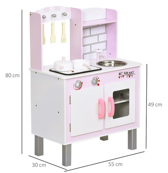 HOMCOM Kids Kitchen Play Set Wooden Pretend Play Toy w/ Sounds Utensils Pans Storage Child Role Play Accessories for 3 Years+ Pink