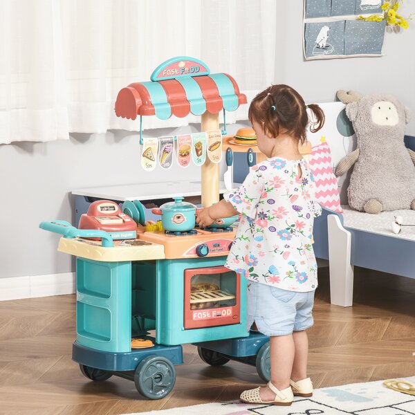 HOMCOM 50 Pcs Kids Kitchen Play set Fast Food Trolley Cart Pretend Playset Toys w/ Money Cash Register Accessories Gift for Age 3-6 Aosom UK