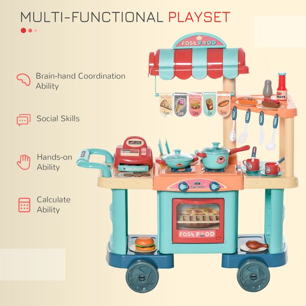 HOMCOM 50 Pcs Kids Kitchen Play set Fast Food Trolley Cart Pretend Playset Toys w/ Money Cash Register Accessories Gift for Age 3-6 Aosom UK