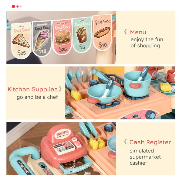 HOMCOM 50 Pcs Kids Kitchen Play set Fast Food Trolley Cart Pretend Playset Toys w/ Money Cash Register Accessories Gift for Age 3-6 Aosom UK