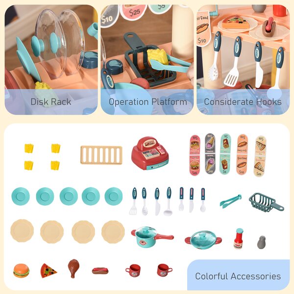 HOMCOM 50 Pcs Kids Kitchen Play set Fast Food Trolley Cart Pretend Playset Toys w/ Money Cash Register Accessories Gift for Age 3-6 Aosom UK