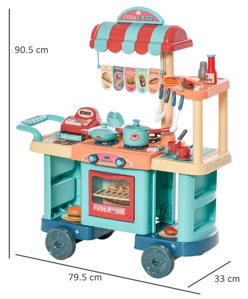 HOMCOM 50 Pcs Kids Kitchen Play set Fast Food Trolley Cart Pretend Playset Toys w/ Money Cash Register Accessories Gift for Age 3-6 Aosom UK