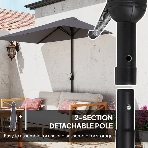 Outsunny Balcony Half Parasol Semi Round Umbrella Patio Crank Handle (2.3m, Grey)- NO BASE INCLUDED