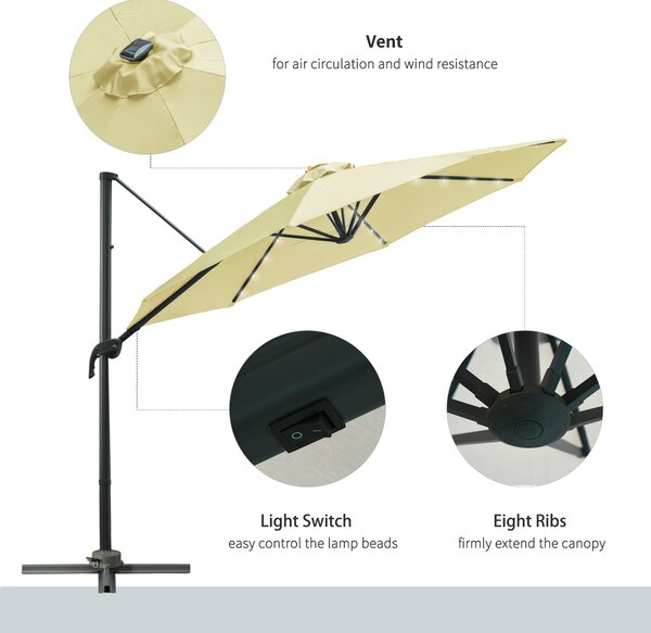 Outsunny Waterproof 3 meter Patio Offset Roma Parasol Garden Umbrella Cantilever Hanging Sun Shade Canopy 360° Rotation w/ Cross Base Aosom UK