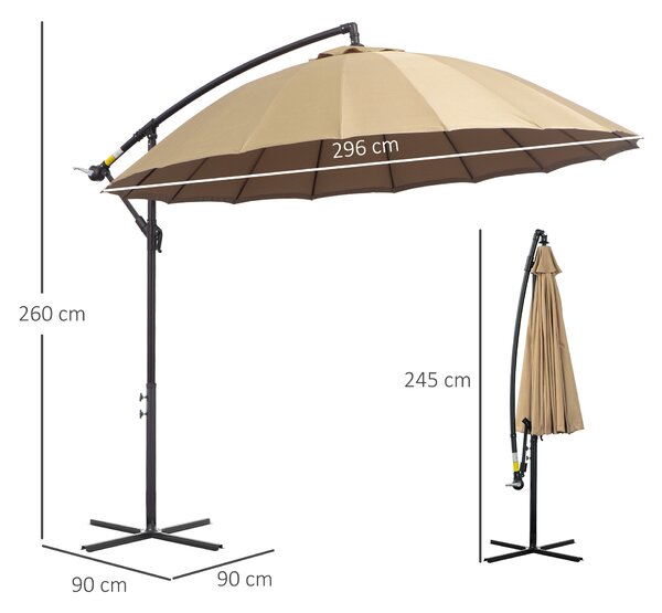 Outsunny 3(m) Cantilever Shanghai Parasol Garden Hanging Banana Sun Umbrella with Crank Handle, 18 Sturdy Ribs and Cross Base, Beige