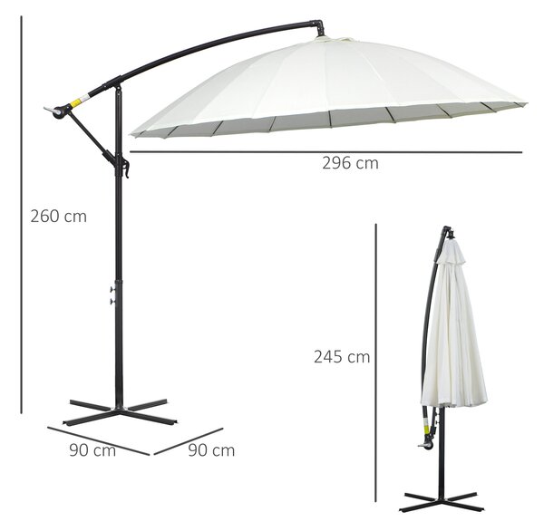 Outsunny 3(m) Cantilever Shanghai Parasol Garden Hanging Banana Sun Umbrella with Crank Handle, 18 Sturdy Ribs and Cross Base, Off-White Aosom UK