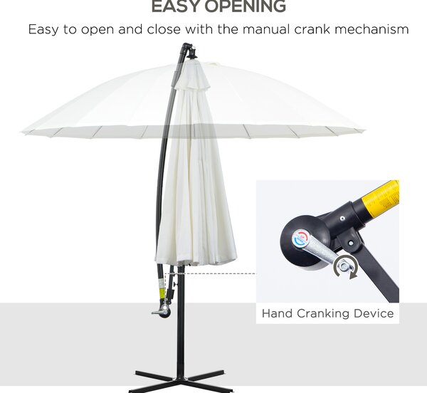 Outsunny 3(m) Cantilever Shanghai Parasol Garden Hanging Banana Sun Umbrella with Crank Handle, 18 Sturdy Ribs and Cross Base, Off-White Aosom UK