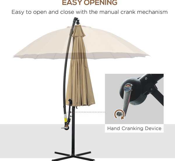 Outsunny 3(m) Cantilever Shanghai Parasol Garden Hanging Banana Sun Umbrella with Crank Handle, 18 Sturdy Ribs and Cross Base, Beige