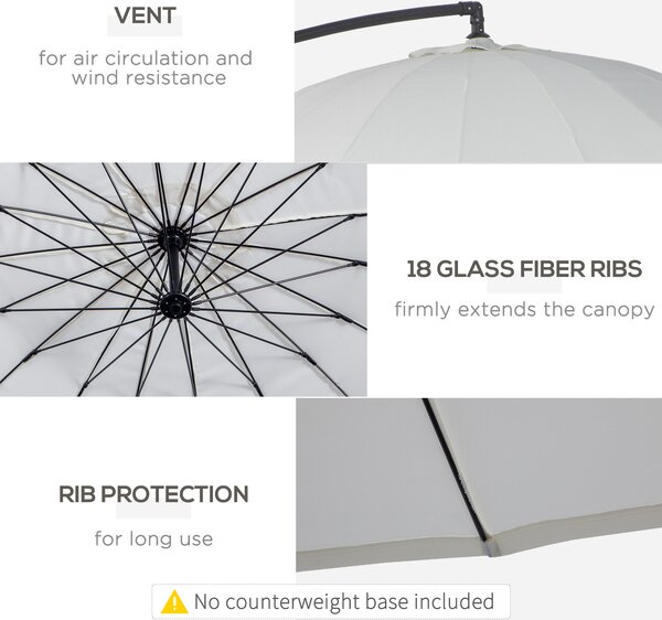 Outsunny 3(m) Cantilever Shanghai Parasol Garden Hanging Banana Sun Umbrella with Crank Handle, 18 Sturdy Ribs and Cross Base, Off-White Aosom UK
