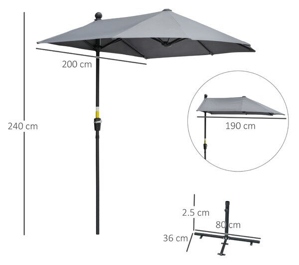 Outsunny 2m Half Parasol Market Umbrella Garden Balcony Parasol with Crank Handle, Cross Base, Double-Sided Canopy, Dark Grey