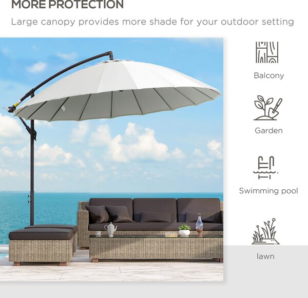 Outsunny 3(m) Cantilever Shanghai Parasol Garden Hanging Banana Sun Umbrella with Crank Handle, 18 Sturdy Ribs and Cross Base, Off-White Aosom UK
