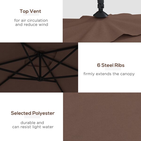 Outsunny Waterproof Cantilever Parasol: Crank-Operated, 6 Ribs, Cross Base, Rectangular Banana Hanging Umbrella, 3x2m, Brown Aosom UK