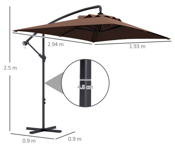 Outsunny Waterproof Cantilever Parasol: Crank-Operated, 6 Ribs, Cross Base, Rectangular Banana Hanging Umbrella, 3x2m, Brown Aosom UK