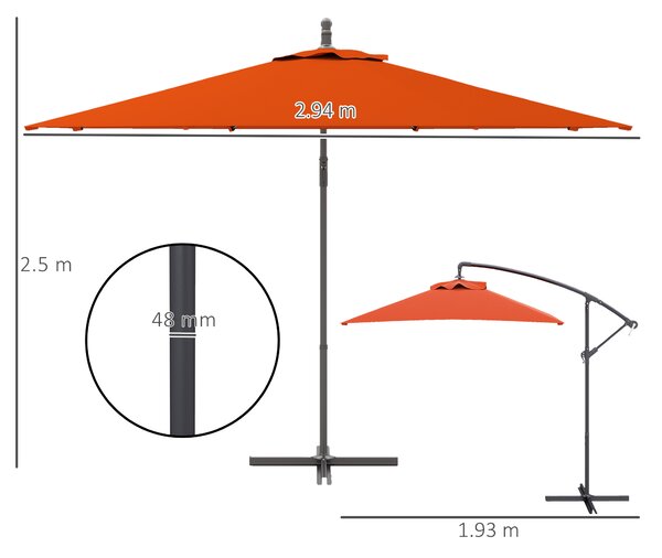 Outsunny 3(m) Cantilever Overhanging Parasol, with Cross Base - Orange