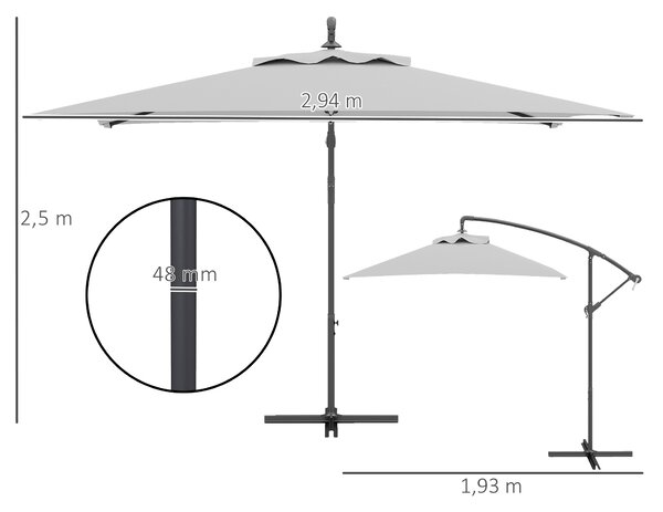 Outsunny 3(m) Cantilever Overhanging Parasol, with Cross Base - Light Grey