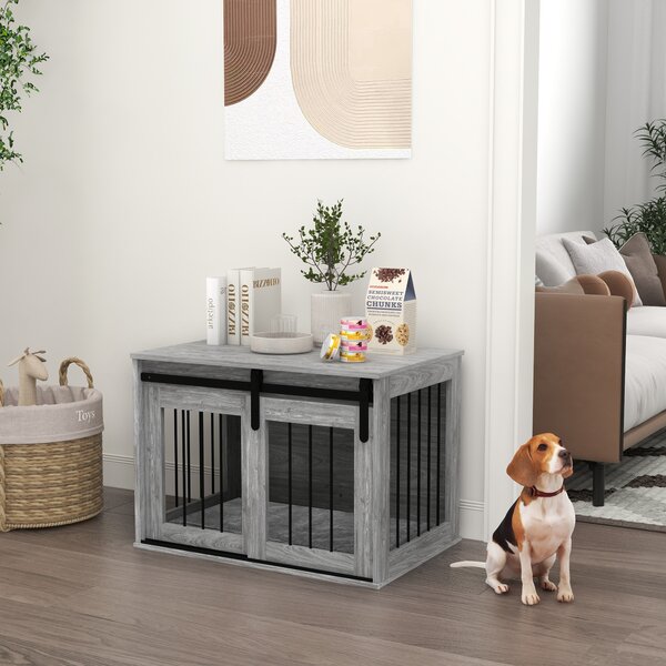 PawHut 80cm Dog Crate Furniture with Removable Cushion for Large Dogs- Grey Aosom UK