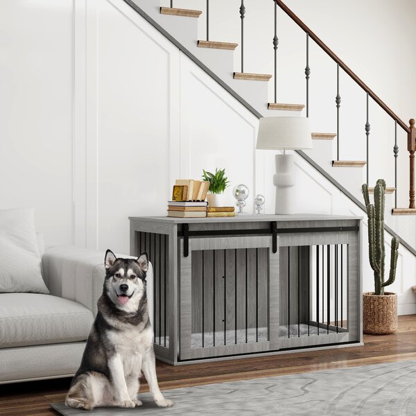 PawHut 46.46'' Dog Crate Furniture with Removable Cushion & Security Latch for Extra Large Dogs - Grey Aosom UK
