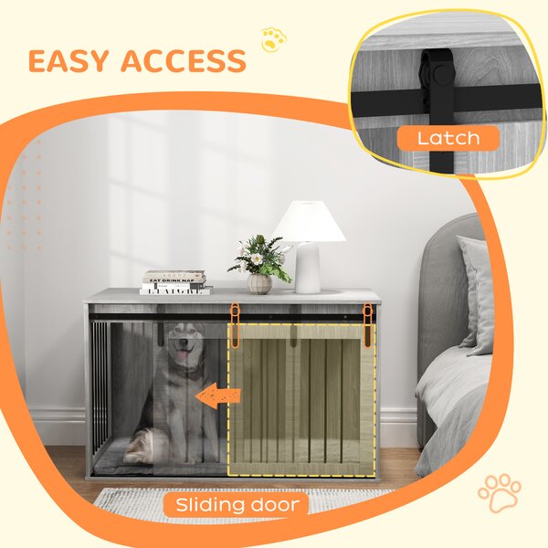 PawHut 46.46'' Dog Crate Furniture with Removable Cushion & Security Latch for Extra Large Dogs - Grey Aosom UK