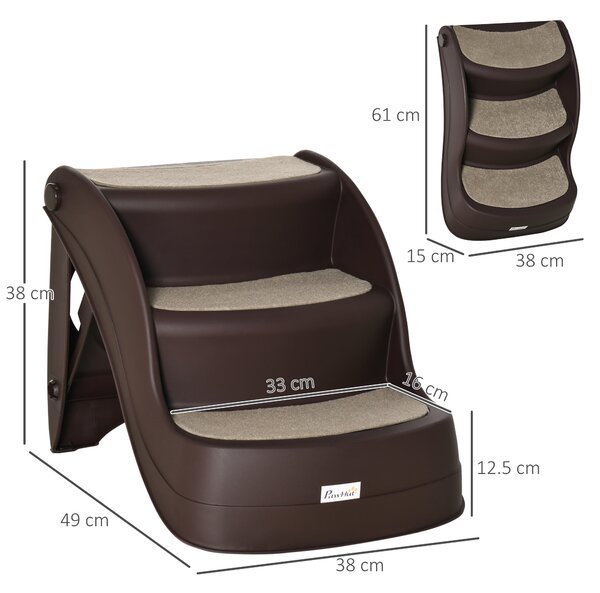 PawHut Foldable Pet Stairs Portable Dog Steps 3-Step Design with Non-slip Mats for High Beds, Sofas, 49 x 38 x 38 cm, Brown Aosom UK
