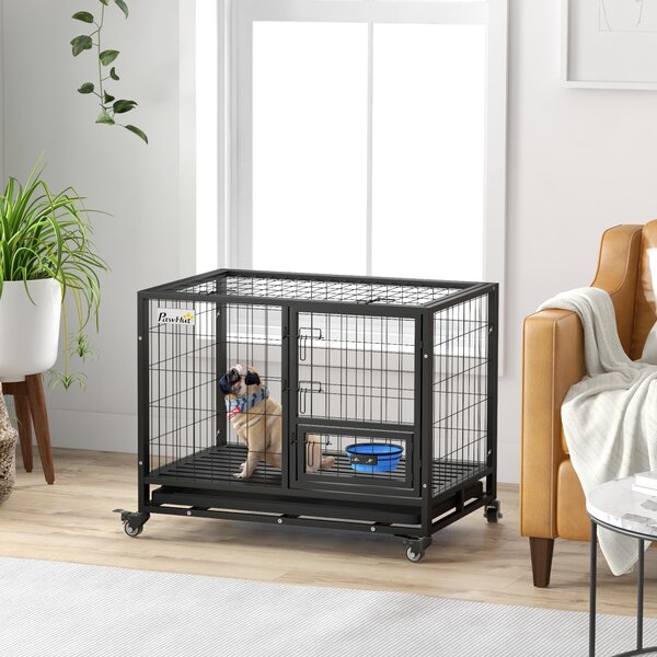 PawHut Heavy Duty Dog Crate on Wheels w/ Bowl Holder, Removable Tray, Detachable Top, Double Doors for L, XL Dogs Aosom UK