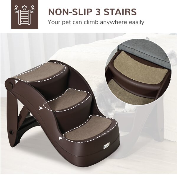 PawHut Foldable Pet Stairs Portable Dog Steps 3-Step Design with Non-slip Mats for High Beds, Sofas, 49 x 38 x 38 cm, Brown Aosom UK