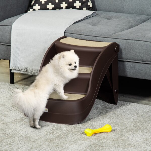 PawHut Foldable Pet Stairs Portable Dog Steps 3-Step Design with Non-slip Mats for High Beds, Sofas, 49 x 38 x 38 cm, Brown Aosom UK