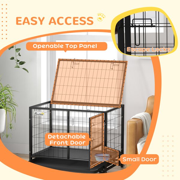PawHut Heavy Duty Dog Crate on Wheels w/ Bowl Holder, Removable Tray, Detachable Top, Double Doors for L, XL Dogs Aosom UK