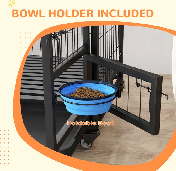 PawHut Heavy Duty Dog Crate on Wheels w/ Bowl Holder, Removable Tray, Detachable Top, Double Doors for L, XL Dogs Aosom UK