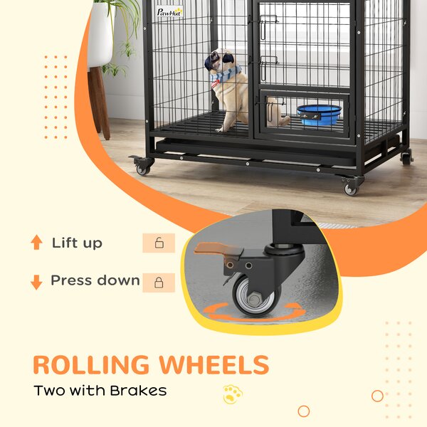 PawHut Heavy Duty Dog Crate on Wheels w/ Bowl Holder, Removable Tray, Detachable Top, Double Doors for L, XL Dogs Aosom UK