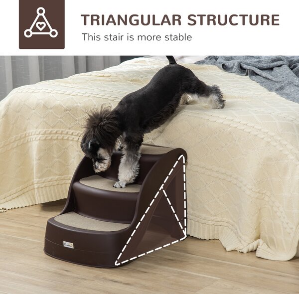 PawHut Foldable Pet Stairs Portable Dog Steps 3-Step Design with Non-slip Mats for High Beds, Sofas, 49 x 38 x 38 cm, Brown Aosom UK