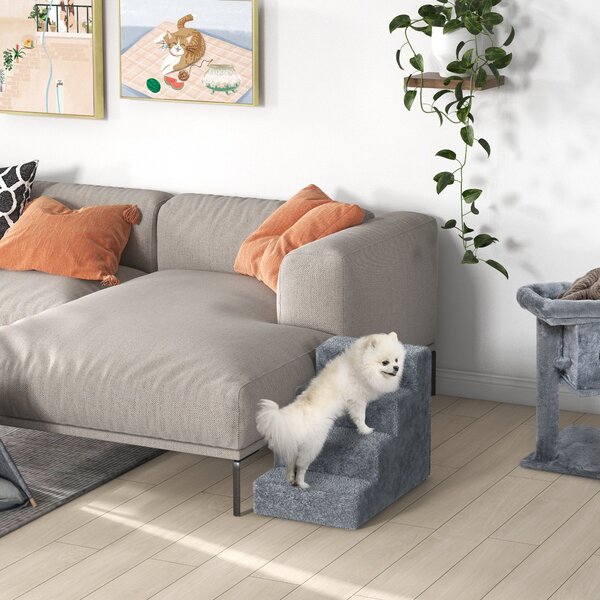 PawHut Dog Steps 4-Steps Design with Washable Plush Cover for High Bed Sofa, Dog Stairs for Small Dog and Cat Aosom UK