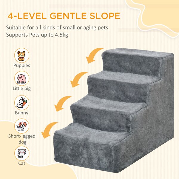 PawHut Dog Steps 4-Steps Design with Washable Plush Cover for High Bed Sofa, Dog Stairs for Small Dog and Cat Aosom UK