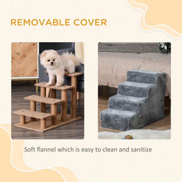 PawHut Dog Steps 4-Steps Design with Washable Plush Cover for High Bed Sofa, Dog Stairs for Small Dog and Cat Aosom UK