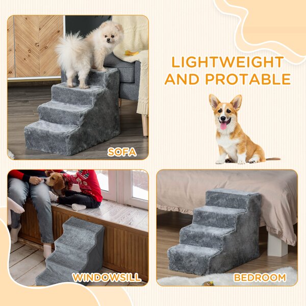 PawHut Dog Steps 4-Steps Design with Washable Plush Cover for High Bed Sofa, Dog Stairs for Small Dog and Cat Aosom UK