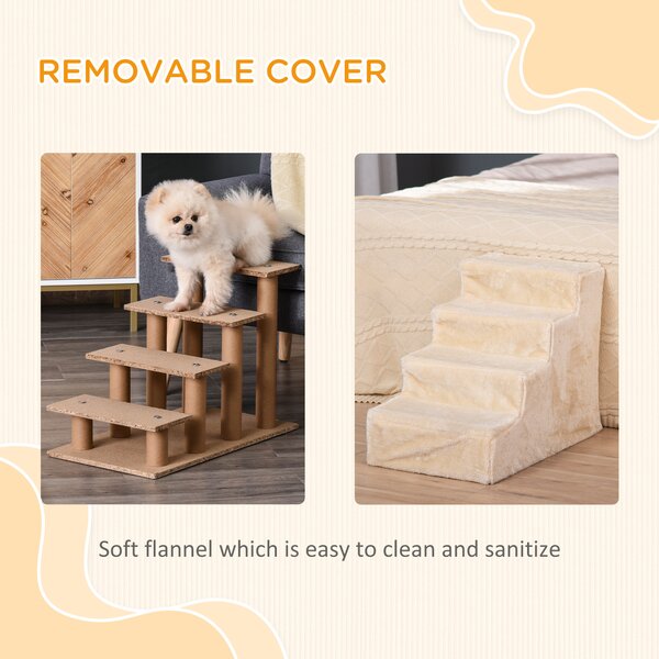 PawHut Dog Steps 4-Steps Design with Washable Plush Cover for High Bed Sofa, Dog Stairs for Small Dog and Cat Aosom UK