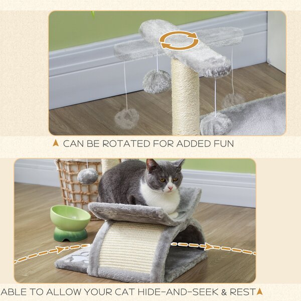 PawHut Kitten Activity Tree with Sisal Scratching Posts, Compact Cat Play Tower with Rotating Bar, Tunnel, Grey Aosom UK