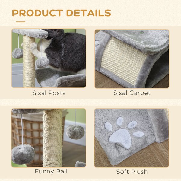 PawHut Kitten Activity Tree with Sisal Scratching Posts, Compact Cat Play Tower with Rotating Bar, Tunnel, Grey Aosom UK