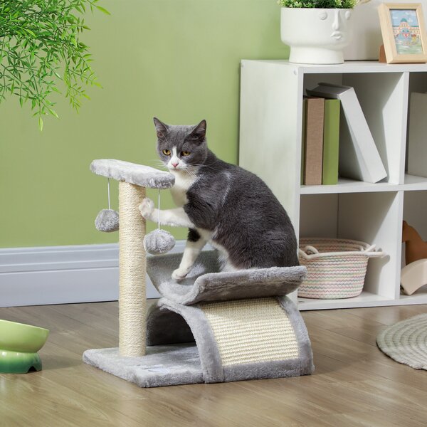 PawHut Kitten Activity Tree with Sisal Scratching Posts, Compact Cat Play Tower with Rotating Bar, Tunnel, Grey Aosom UK
