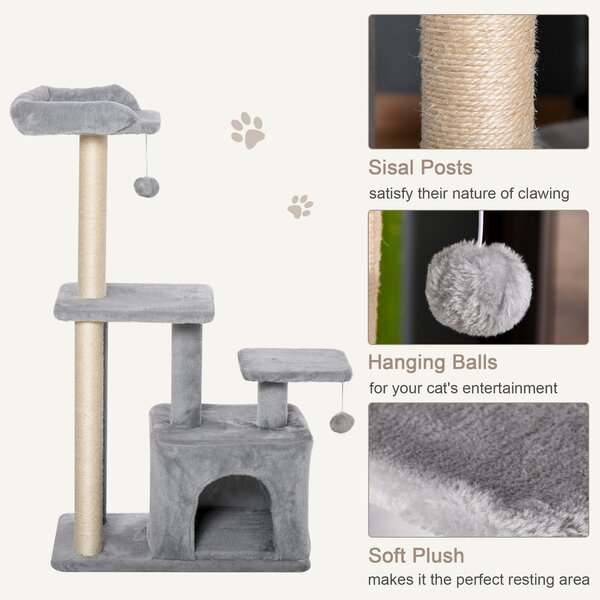 PawHut Feline Fun Tower: 114cm Tall Activity Centre with Scratching Posts, Perch, Dangling Ball & Condo, Light Grey Aosom UK