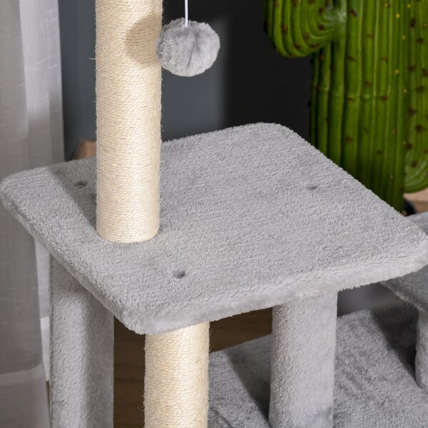 PawHut Feline Fun Tower: 114cm Tall Activity Centre with Scratching Posts, Perch, Dangling Ball & Condo, Light Grey Aosom UK