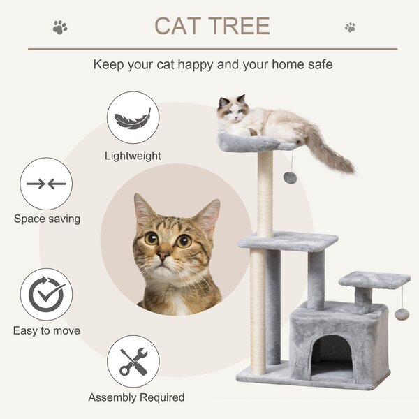 PawHut Feline Fun Tower: 114cm Tall Activity Centre with Scratching Posts, Perch, Dangling Ball & Condo, Light Grey Aosom UK