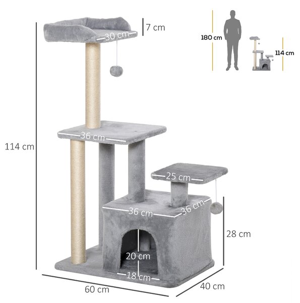 PawHut Feline Fun Tower: 114cm Tall Activity Centre with Scratching Posts, Perch, Dangling Ball & Condo, Light Grey Aosom UK