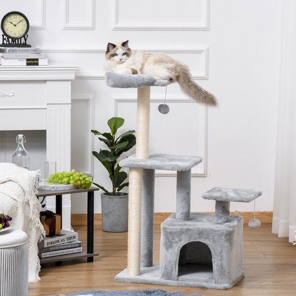 PawHut Feline Fun Tower: 114cm Tall Activity Centre with Scratching Posts, Perch, Dangling Ball & Condo, Light Grey Aosom UK