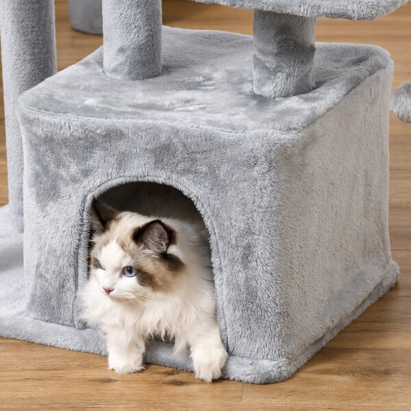 PawHut Feline Fun Tower: 114cm Tall Activity Centre with Scratching Posts, Perch, Dangling Ball & Condo, Light Grey Aosom UK