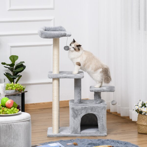 PawHut Feline Fun Tower: 114cm Tall Activity Centre with Scratching Posts, Perch, Dangling Ball & Condo, Light Grey Aosom UK